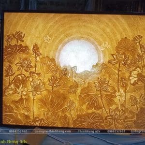 Tranh Trúc Chỉ Hoa Sen Mặt Trời Tỏa Sáng